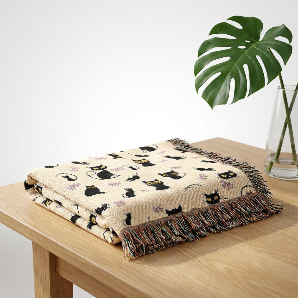 The "Pixel Paws" Coquette Woven Throw — Retro-Chic Cotton Art
